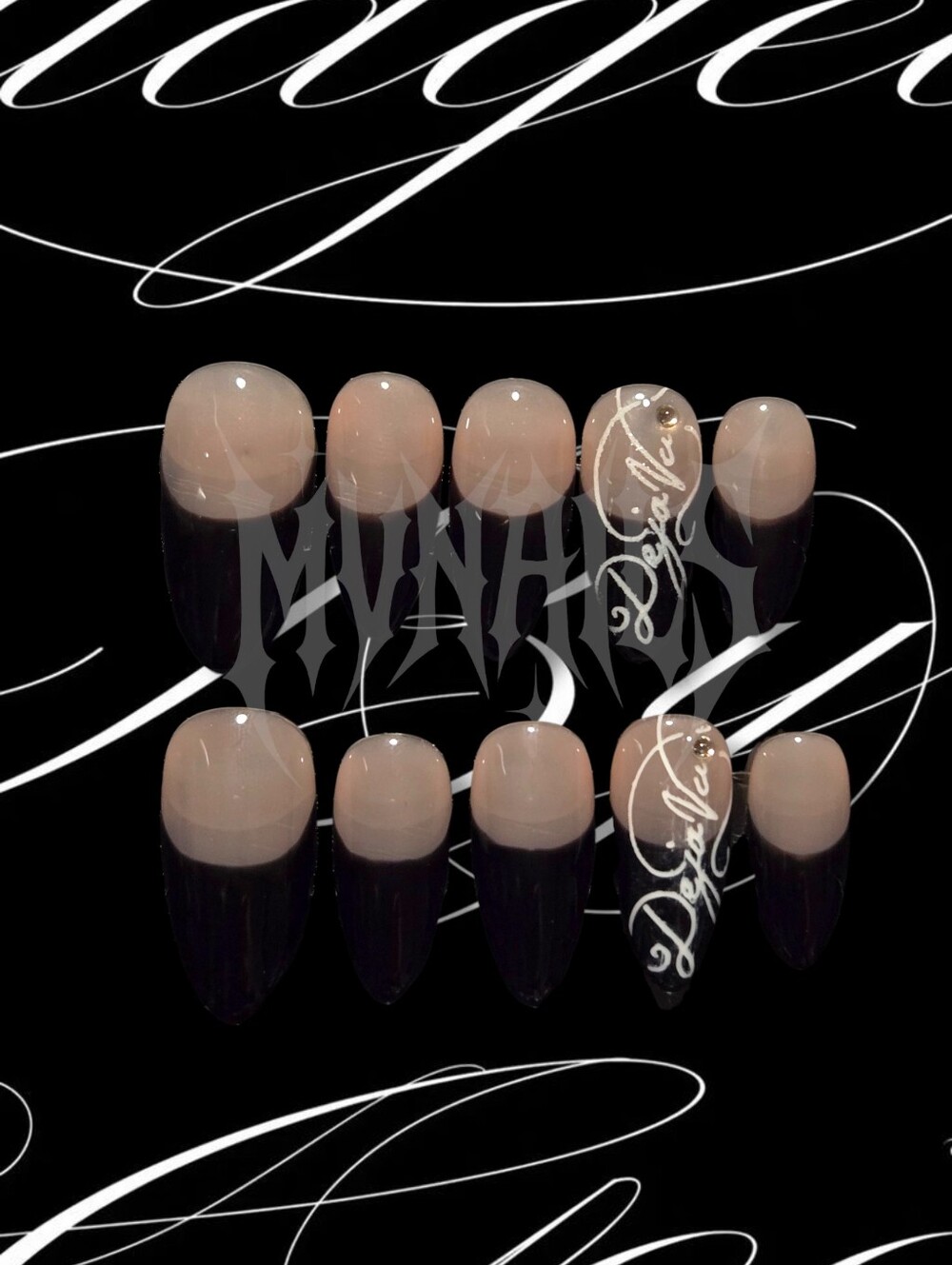 Elegant Nude and Black Press-On Nail Set with Accent Gems